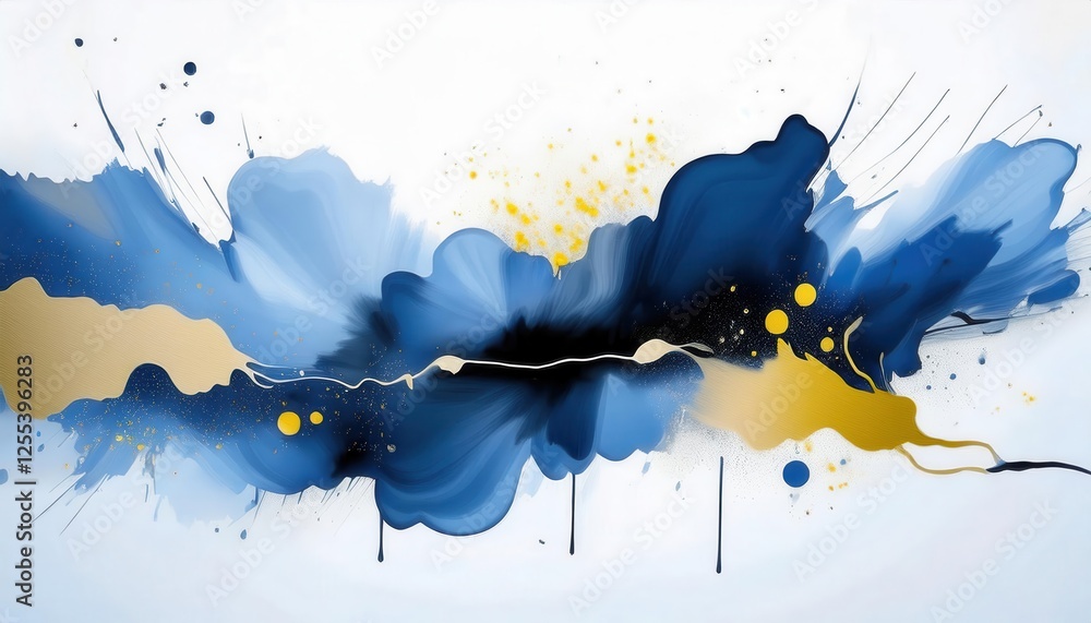 Aufkleber dynamic blue and gold abstract flow with splatter highlights for modern interiors and artistic wall 