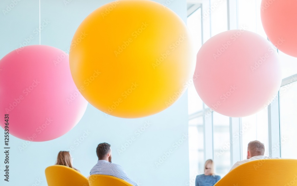 Aufkleber vibrant workspace dynamics employees on modern chairs with playful balloons in open office - creativ