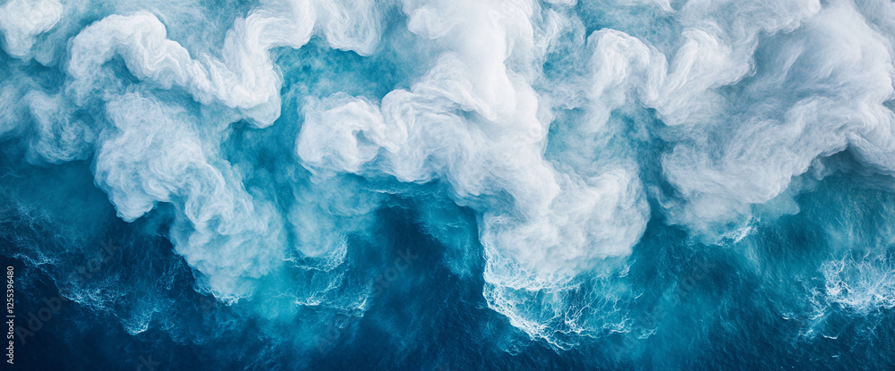 Poster aerial view of ocean waves with white foam and swirling patterns, showcasing the dynamic energy of t