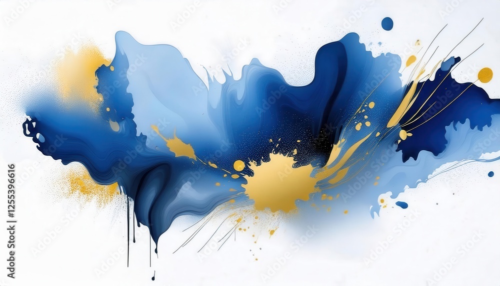 Poster dynamic blue and gold abstract flow with splatter highlights for modern interiors and artistic wall 