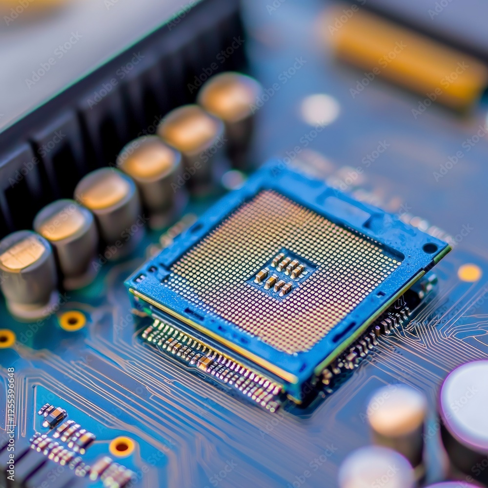 Aufkleber close-up of a gold computer processor on a blue circuit board