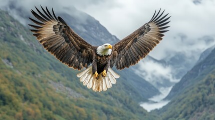 Obraz premium Majestic Bald Eagle Soaring Over Mountainous Landscape