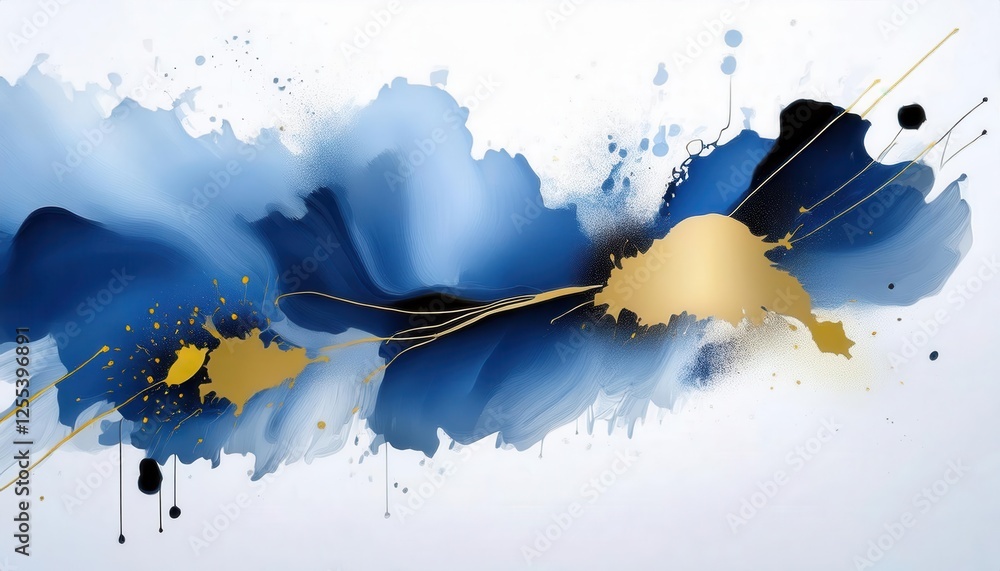 Aufkleber dynamic blue and gold abstract flow with splatter highlights for modern interiors and artistic wall 