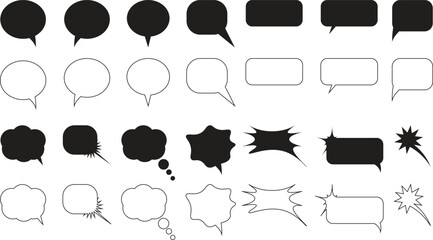 A collection of various comic book-style speech bubbles in black and white, including different shapes, sizes, and effects.