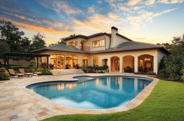 Fototapeta premium Beautiful home with a pool in Florida, with a sunset in the background, green grass, and a blue sky