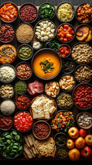 Assortment Of Colorful Dishes And Ingredients On Wooden Board