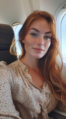 A girl takes a selfie on a plane before departure
