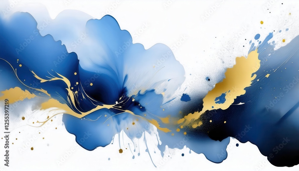 Poster dynamic blue and gold abstract flow with splatter highlights for modern interiors and artistic wall 