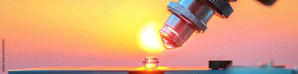 Poster high-tech scientific exploration sunset-toned microscope with precision glass lens in laboratory set
