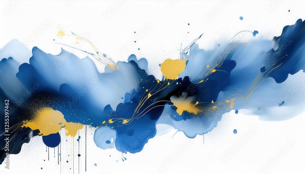 Poster dynamic blue and gold abstract flow with splatter highlights for modern interiors and artistic wall 