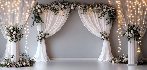 Grand wedding entrance decorated with white drapes, fairy lights, and floral arrangements, set against a light gray background