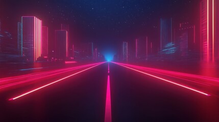 Futuristic City Roadway At Night With Glowing Lights And Colorful Neon Lights