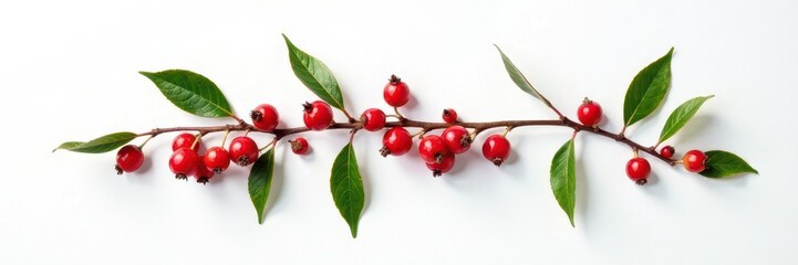 Red ashberry branch with berries and leaves on a plain white background, winter, green