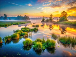 Obraz premium Moia Swamp's ethereal beauty: long-exposure captures mystical wetlands, floating plants, and aquatic vegetation.
