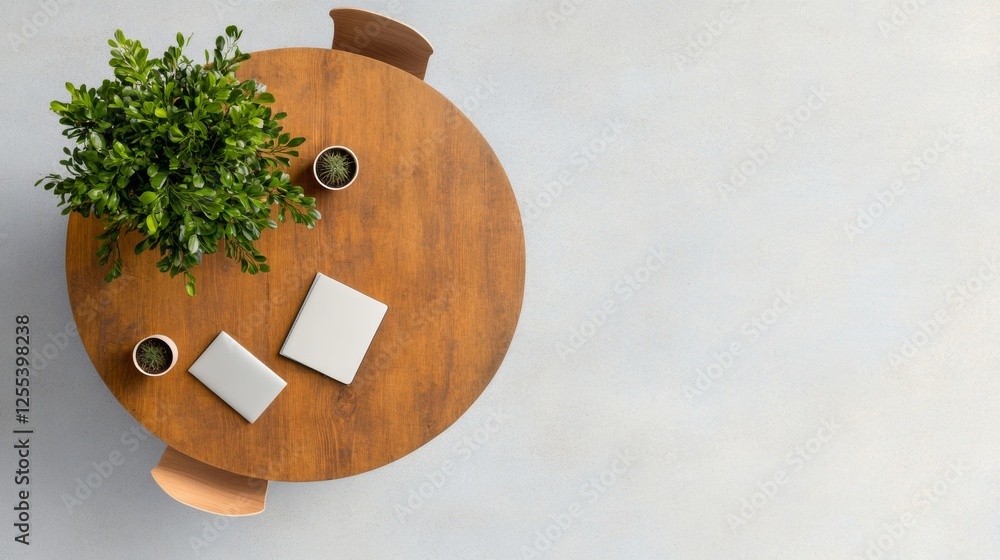 Poster Scandinavian Minimalist Workspace Round Wooden Table with Potted Plants and Laptops - Innovative Commercial Office Design and Collaborative Educational Environments