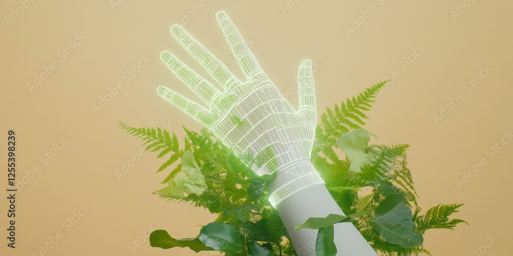 Poster sustainable tech visualization glowing wireframe hand amidst greenery - digital transformation image