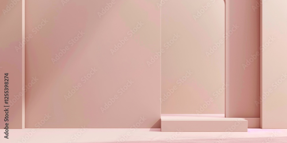 Poster a sophisticated minimalist layout with a soft dusty pink background, sparse geometric shapes and cle