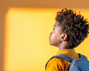 Vibrant Learning Space Young Student with Backpack in Sunlit Classroom - EdTech Visuals for Modern Educational Engagement and Youthful Inspiration