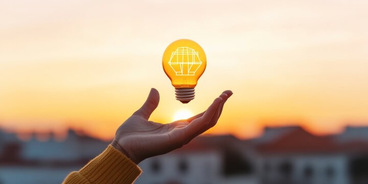 Futuristic Tech Aesthetic Hand Holding Glowing Lightbulb at Sunset - Innovative Digital Transformation in Business Strategy and Marketing Design