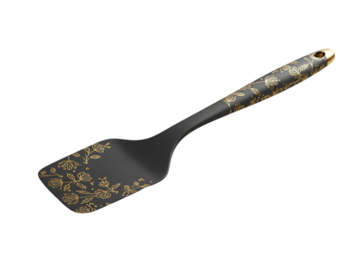 Elegant Black Kitchen Spatula with Golden Floral Design for Cooking