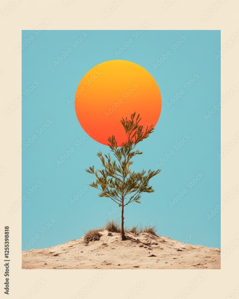 Aufkleber sustainable modern art print minimalistic desert tree with bold sun on textured canvas - visual stor