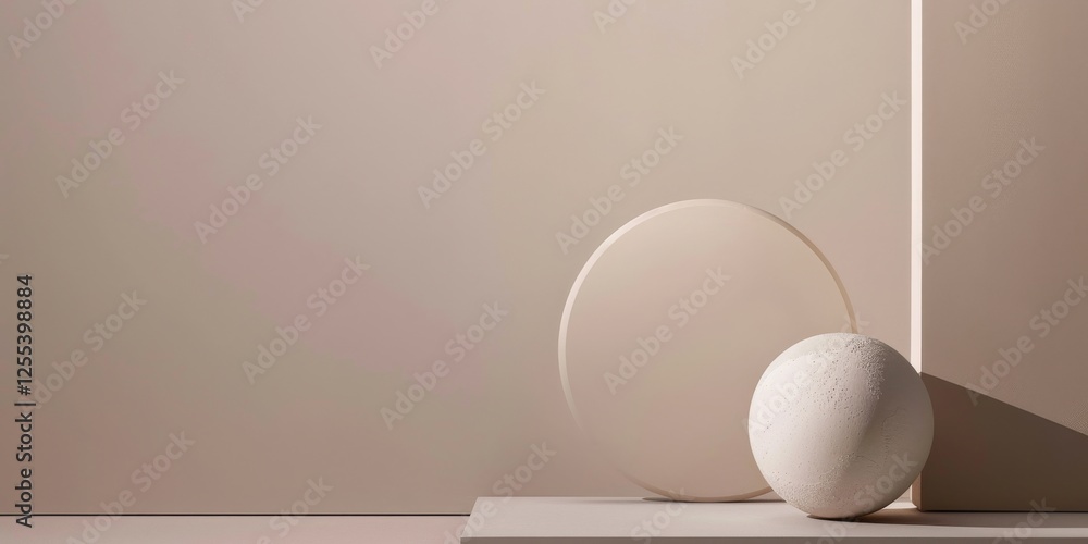 Poster A sophisticated minimalist scene with a light taupe background, Sparse geometric elements and soft gradients, Minimalist contemporary style
