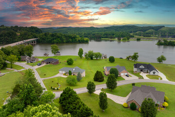 Aerial view of expensive residential houses in small town in rural Tennessee. American dream homes...
