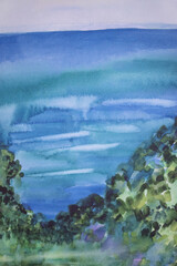 View from greenery hilltop on water surface with skyline. Morning haze watercolor marine landscape. Wet smudges brush strokes effect.