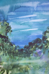 Morning haze greenery watercolor landscape. Wet vague smudges brush strokes structure on paper.