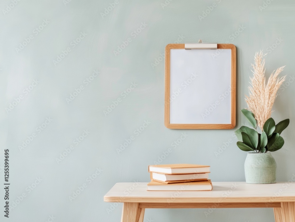 Poster scandinavian educational setup minimalist wooden desk with clipboard and books modern classroom deco