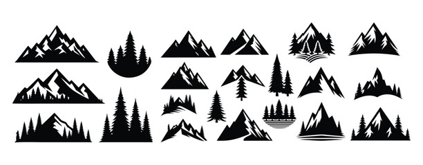 Mountain icon logo vector illustration for adventure outdoor sport graphic design. Black stone and landscape drawing, different shape of peak logo mountain icon silhouettes. Evergreen forest  black 