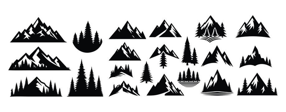 Mountain icon logo vector illustration for adventure outdoor sport graphic design. Black stone and landscape drawing, different shape of peak logo mountain icon silhouettes. Evergreen forest  black 