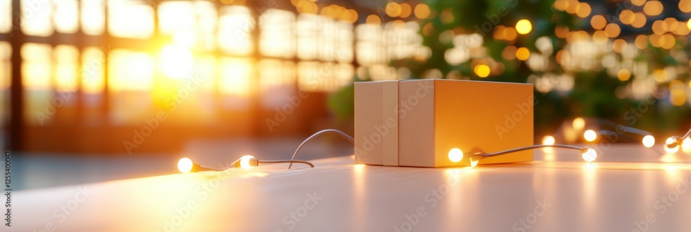Poster contemporary industrial aesthetic cardboard box with warm led lights on wooden surface - modern logi
