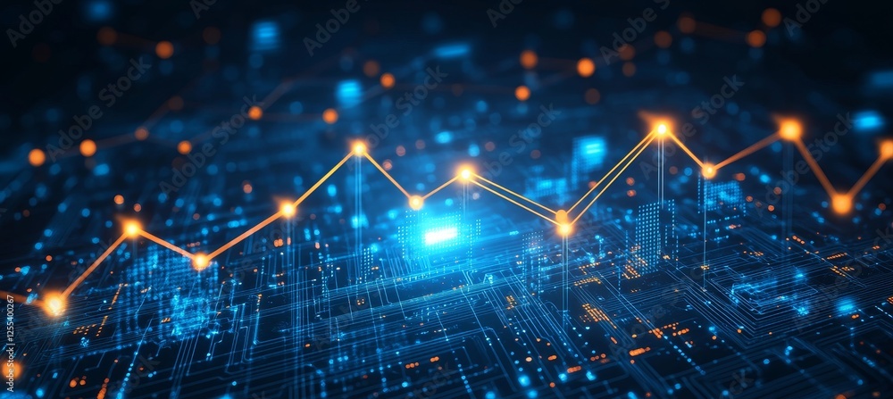 Poster glowing financial chart with orange data points on futuristic circuit board background