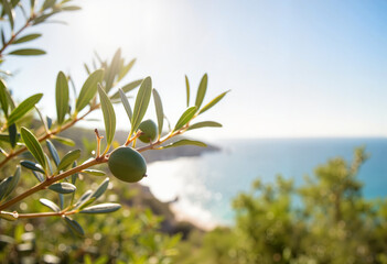 Olive branch swaying gently by Mediterranean coast, natural serenity