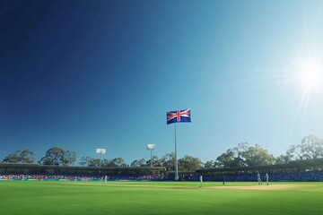 The Australian flag proudly waving in a stadium during a thrilling cricket match
