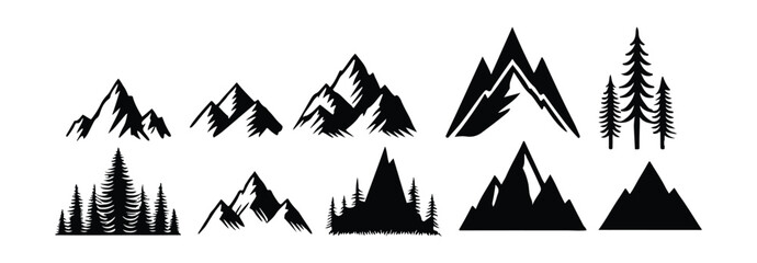 Mountain icon logo vector illustration for adventure outdoor sport graphic design. Black stone and landscape drawing, different shape of peak logo mountain icon silhouettes. Evergreen forest  black 