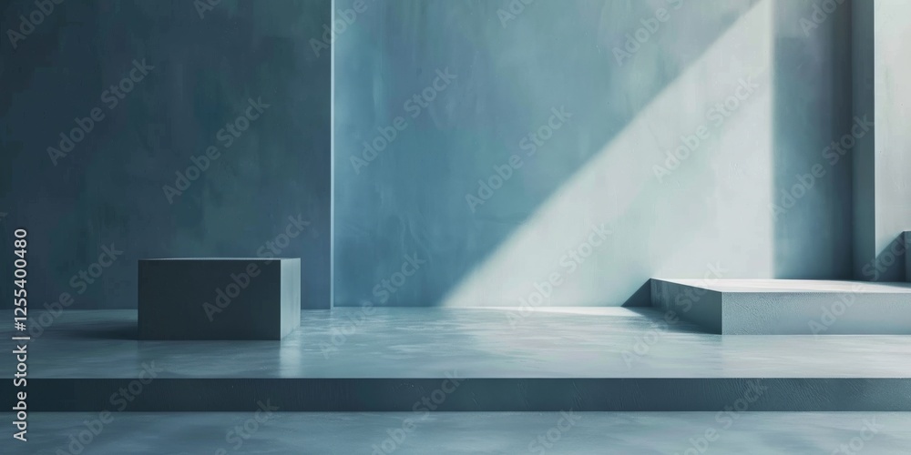 Poster A sophisticated minimalist scene with a soft blue-grey background, Sparse geometric elements and subtle gradients, Minimalist editorial style