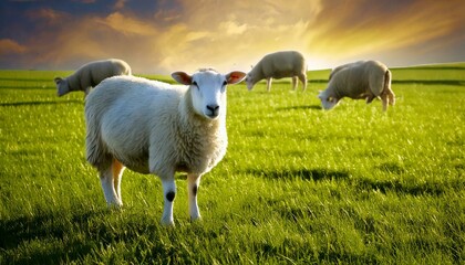 Fototapeta premium A tranquil landscape featuring contented sheep dotting a vast, grassy pasture under soft daylight