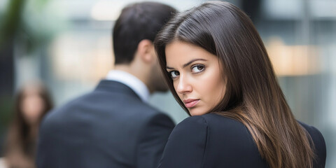 Woman glancing back at a man in a modern urban setting
