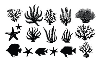 Fototapeta premium Set of sea corals and seaweed black silhouette. Aquarium plants , sea animal underwater ocean flora, algae. Vector illustration isolated on white background. ,Coral reef black silhouettes 