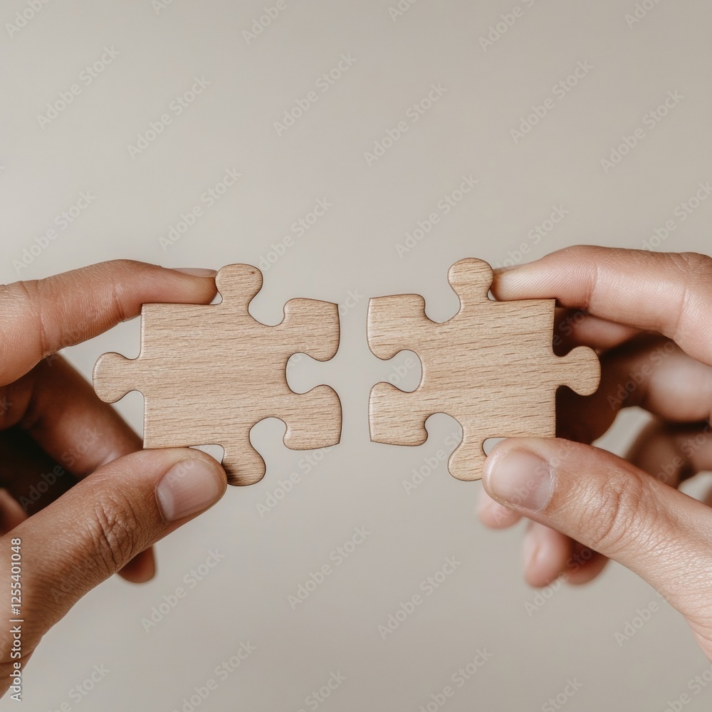 Poster Minimalist Team Building Wooden Puzzle Pieces in Hands on Neutral Backdrop - Collaborative Unity Visuals and Corporate Bonding Content for Modern Business Development