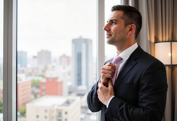 Groom adjusting his tie in modern suite with city skyline view, preparation