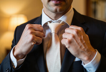 Groom adjusting tie in elegant indoor setting, wedding preparation