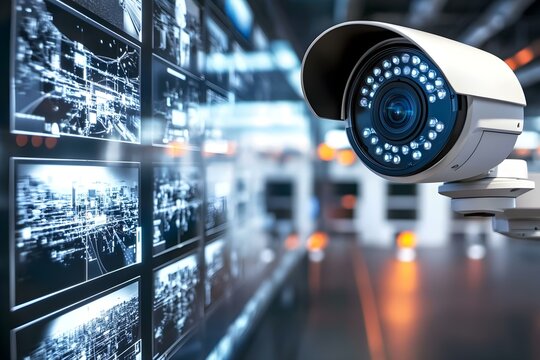 A security camera is focused on screens displaying surveillance footage and data, suggesting a monitoring environment. Concept Surveillance Footage, Security Monitoring, Camera Technology