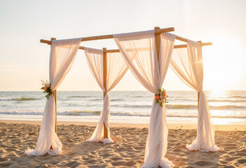 Romantic beach cabana during golden hour, serene wedding setting