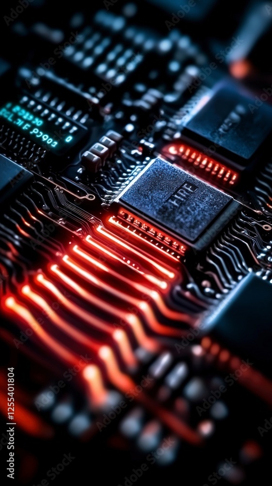 Poster close-up of glowing red circuit board with microchip