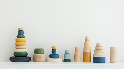 Colorful Wooden Stacking Toys On White Shelf