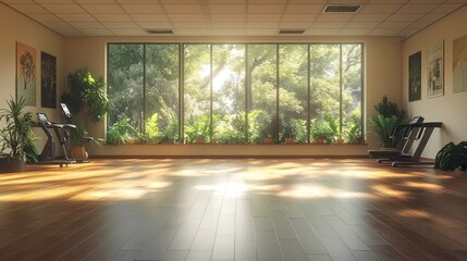 Fototapeta premium Sunny gym interior with panoramic window views
