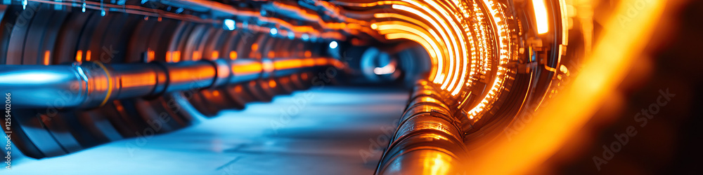 Poster illuminated industrial tunnel with piping and circular structures